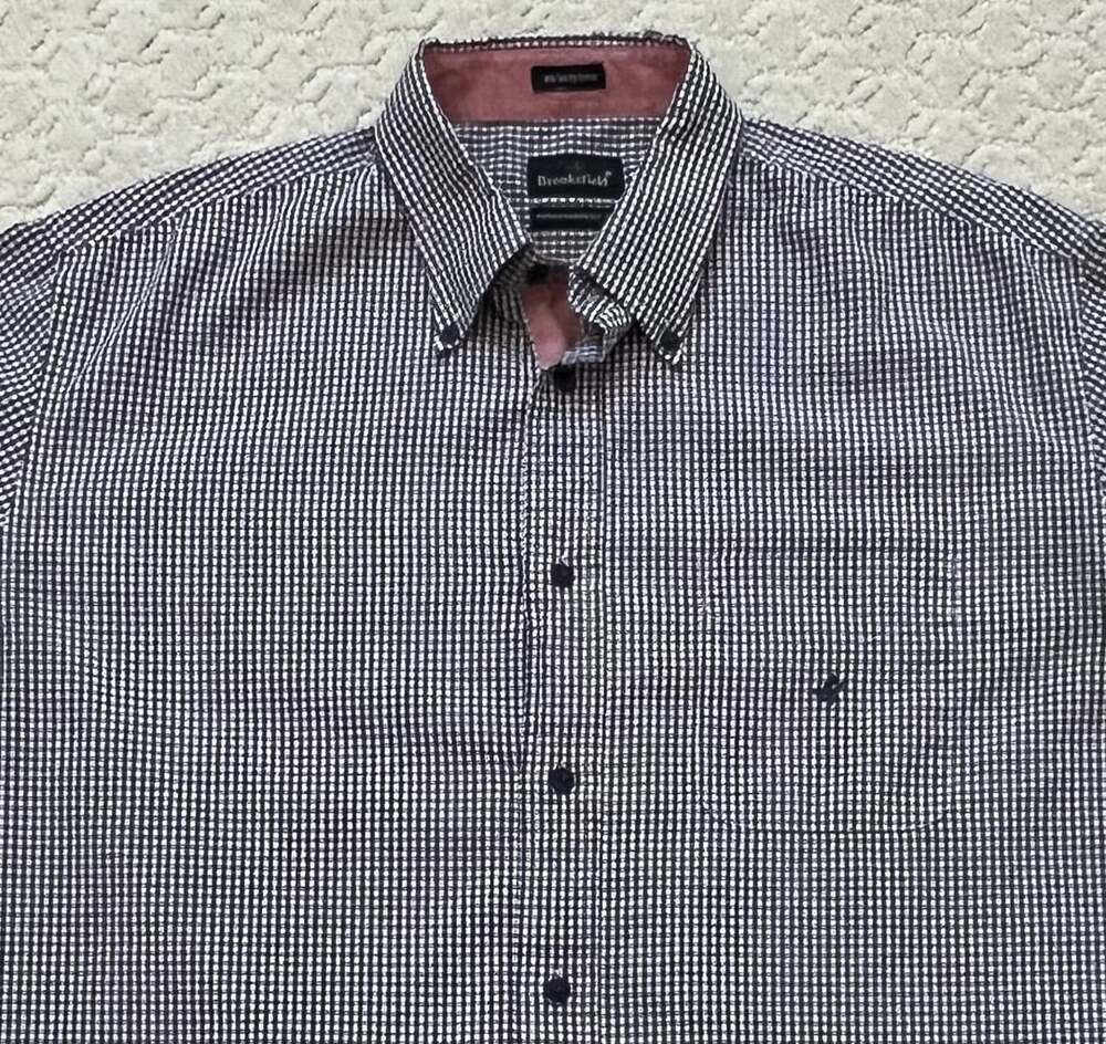 Brooksfield Men's Navy Blue Gingham Check Button Down Shirt Size XL